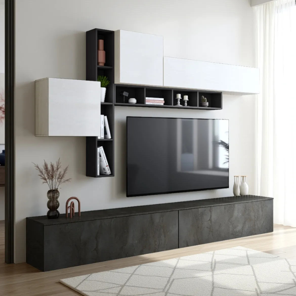 Brenda Ossido parete soggiorno attrezzata librerie basi pensili melaminico grigio graphite ossido bianco spatolato h200 l276 p40