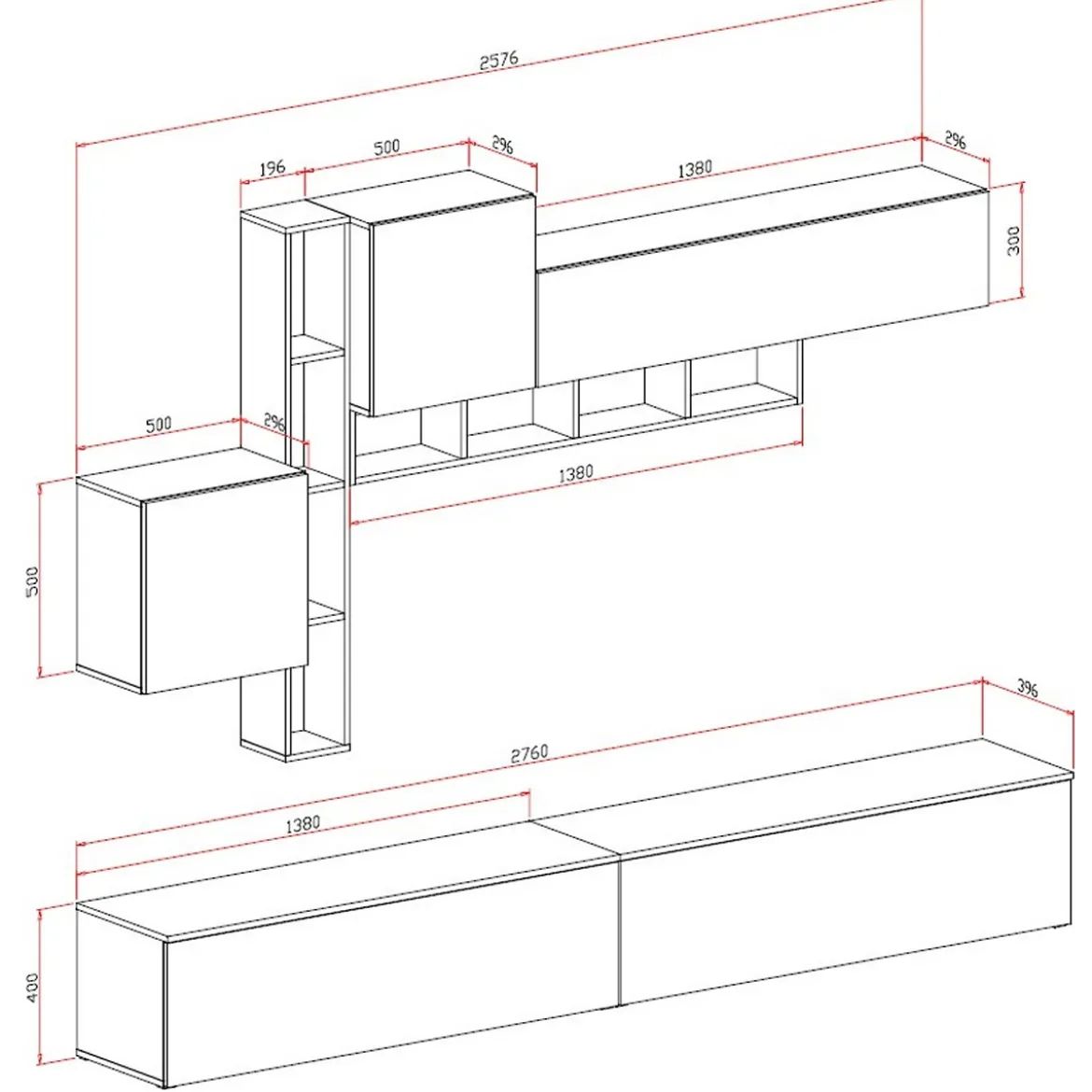 Brenda Ossido parete soggiorno attrezzata librerie basi pensili melaminico grigio graphite ossido bianco spatolato h200 l276 p40
