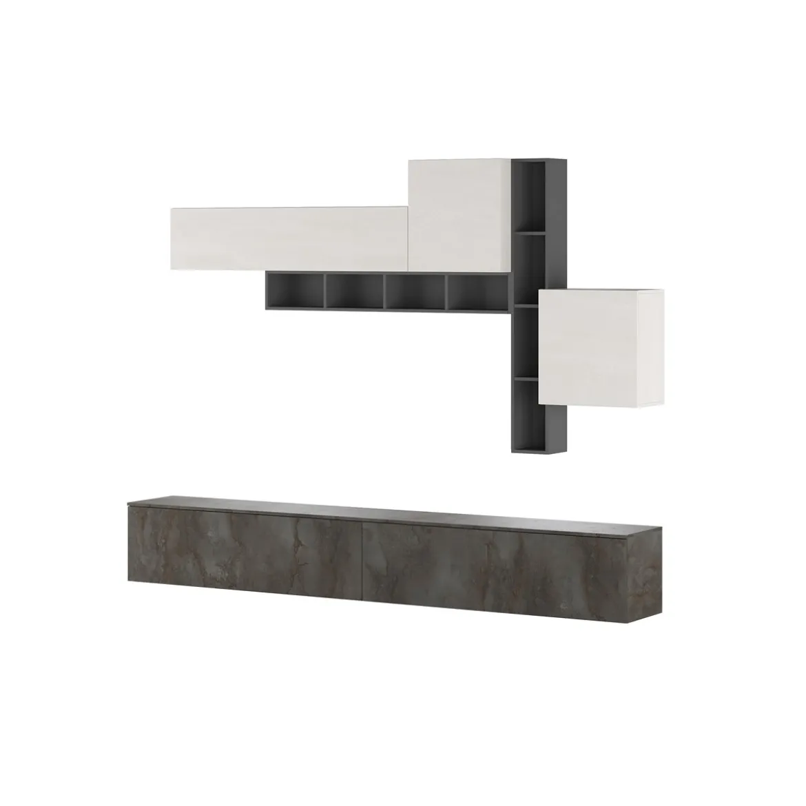 Brenda Ossido parete soggiorno attrezzata librerie basi pensili melaminico grigio graphite ossido bianco spatolato h200 l276 p40