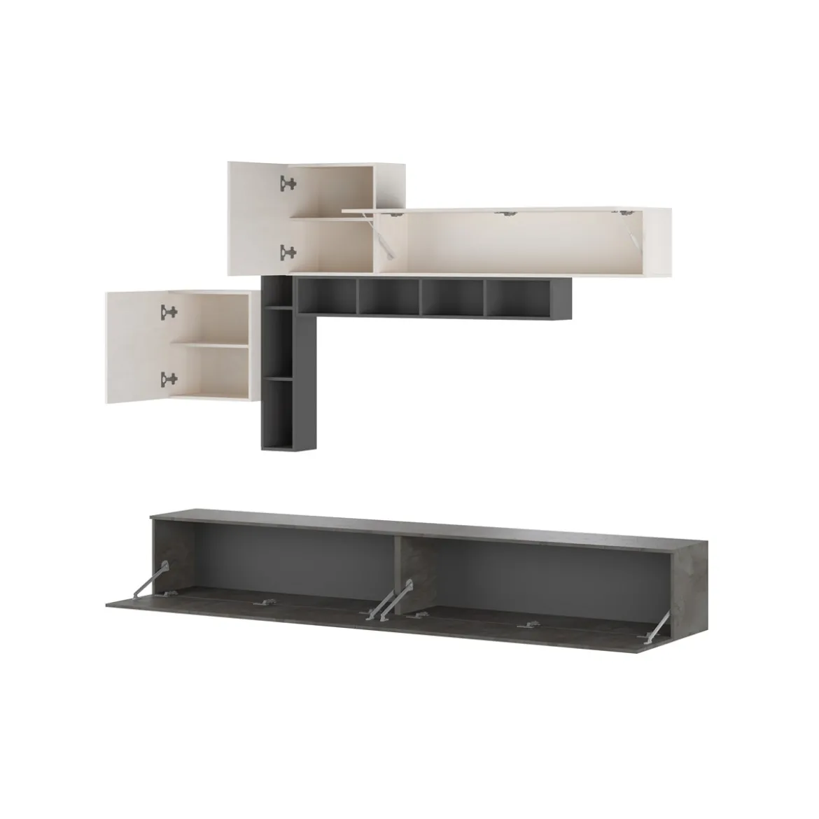 Brenda Ossido parete soggiorno attrezzata librerie basi pensili melaminico grigio graphite ossido bianco spatolato h200 l276 p40