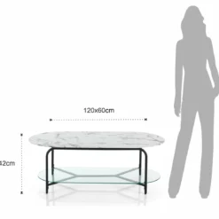 Brill tavolino piano 120 x 60 in vetro effetto marmo bianco struttura acciaio colore nero opaco h42 l120 p60 cm
