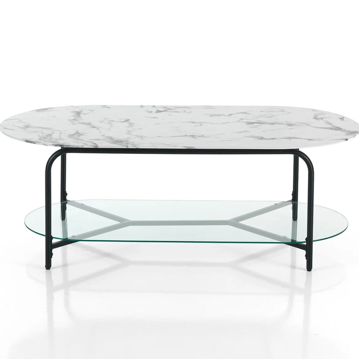 Brill tavolino piano 120 x 60 in vetro effetto marmo bianco struttura acciaio colore nero opaco h42 l120 p60 cm