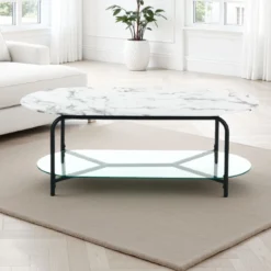 Brill tavolino piano 120 x 60 in vetro effetto marmo bianco struttura acciaio colore nero opaco h42 l120 p60 cm