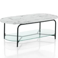 Brill tavolino piano 120 x 60 in vetro effetto marmo bianco struttura acciaio colore nero opaco h42 l120 p60 cm