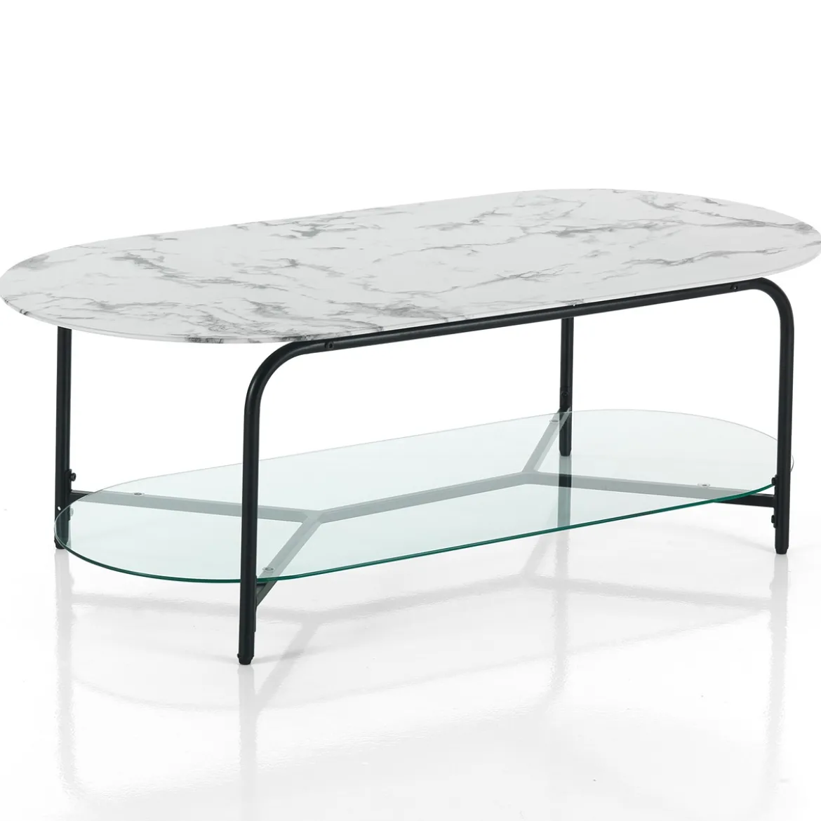 Brill tavolino piano 120 x 60 in vetro effetto marmo bianco struttura acciaio colore nero opaco h42 l120 p60 cm