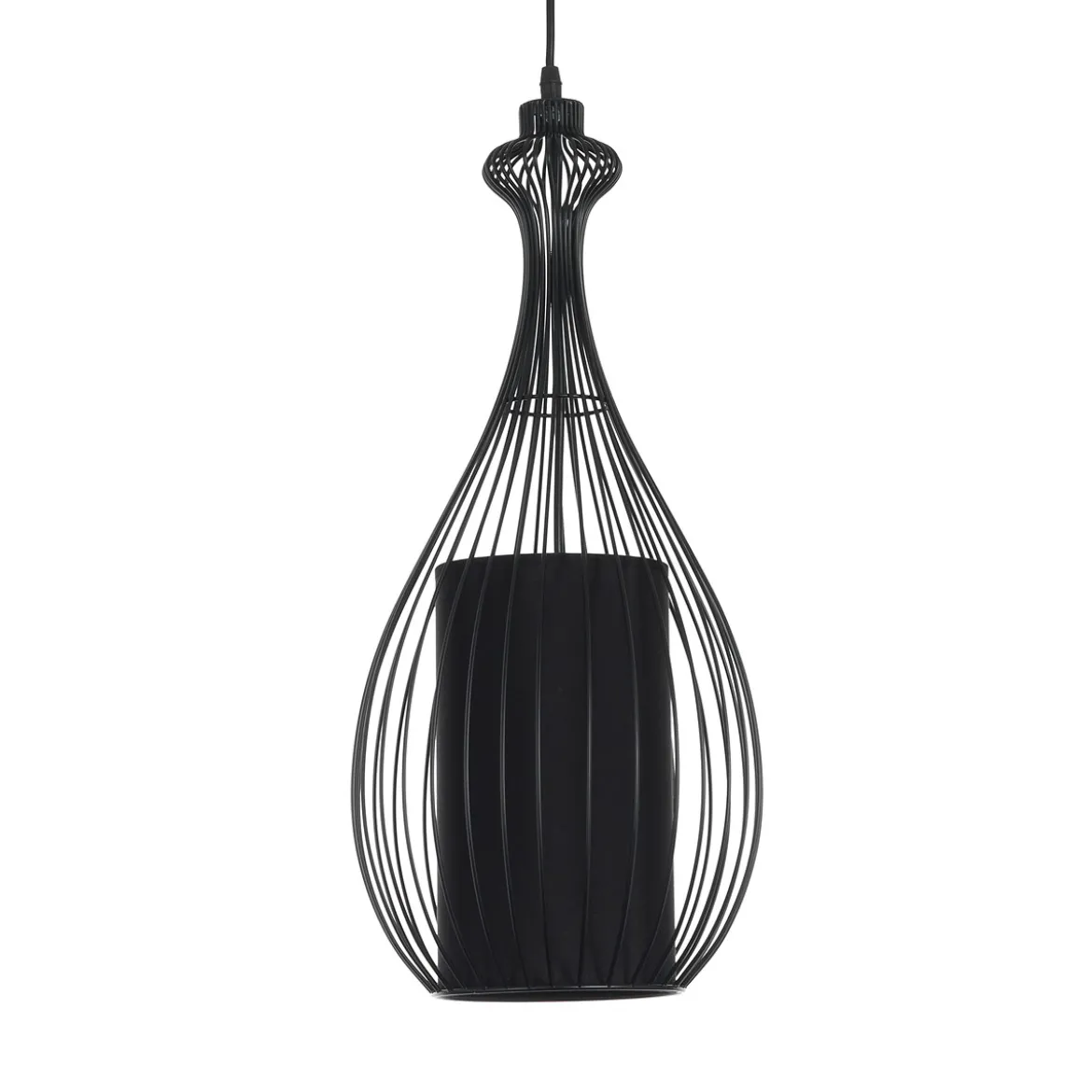 Cathedral c lampadario in metallo nero opaco con paralume in filo di acciaio e tessuto nero d24 h56 cm