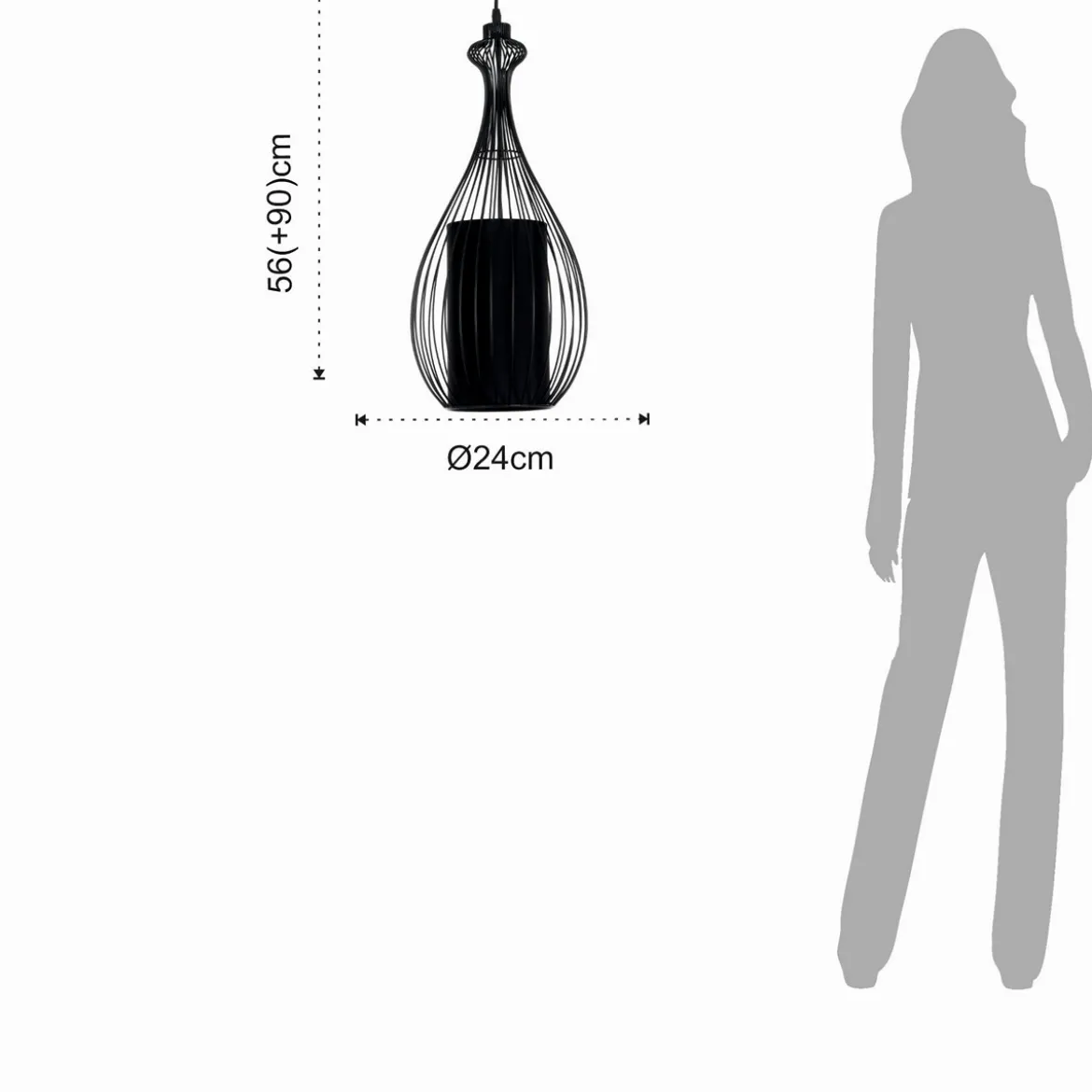 Cathedral c lampadario in metallo nero opaco con paralume in filo di acciaio e tessuto nero d24 h56 cm