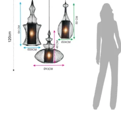 Cathedral lampadario in metallo nero opaco con 3 paralumi in filo di acciaio e tessuto nero 70xh64 cm