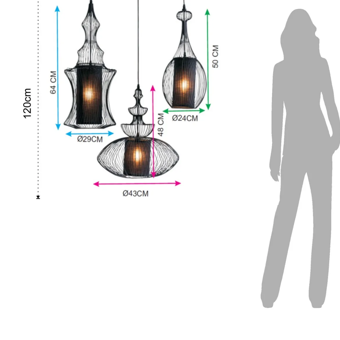 Cathedral lampadario in metallo nero opaco con 3 paralumi in filo di acciaio e tessuto nero 70xh64 cm