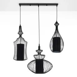 Cathedral lampadario in metallo nero opaco con 3 paralumi in filo di acciaio e tessuto nero 70xh64 cm