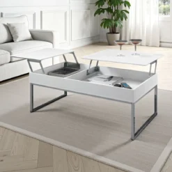 Celinda tavolino da salotto in mdf laccato bianco opaco e metallo cromato top alzabile con vano 110x60 h45 cm
