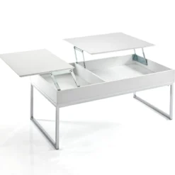 Celinda tavolino da salotto in mdf laccato bianco opaco e metallo cromato top alzabile con vano 110x60 h45 cm