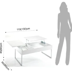 Celinda tavolino da salotto in mdf laccato bianco opaco e metallo cromato top alzabile con vano 110x60 h45 cm