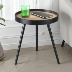 Charlotte tavolino / comodino verniciata nero opaco piano impiallacciato in rovere invecchiato d46 h53.5 cm