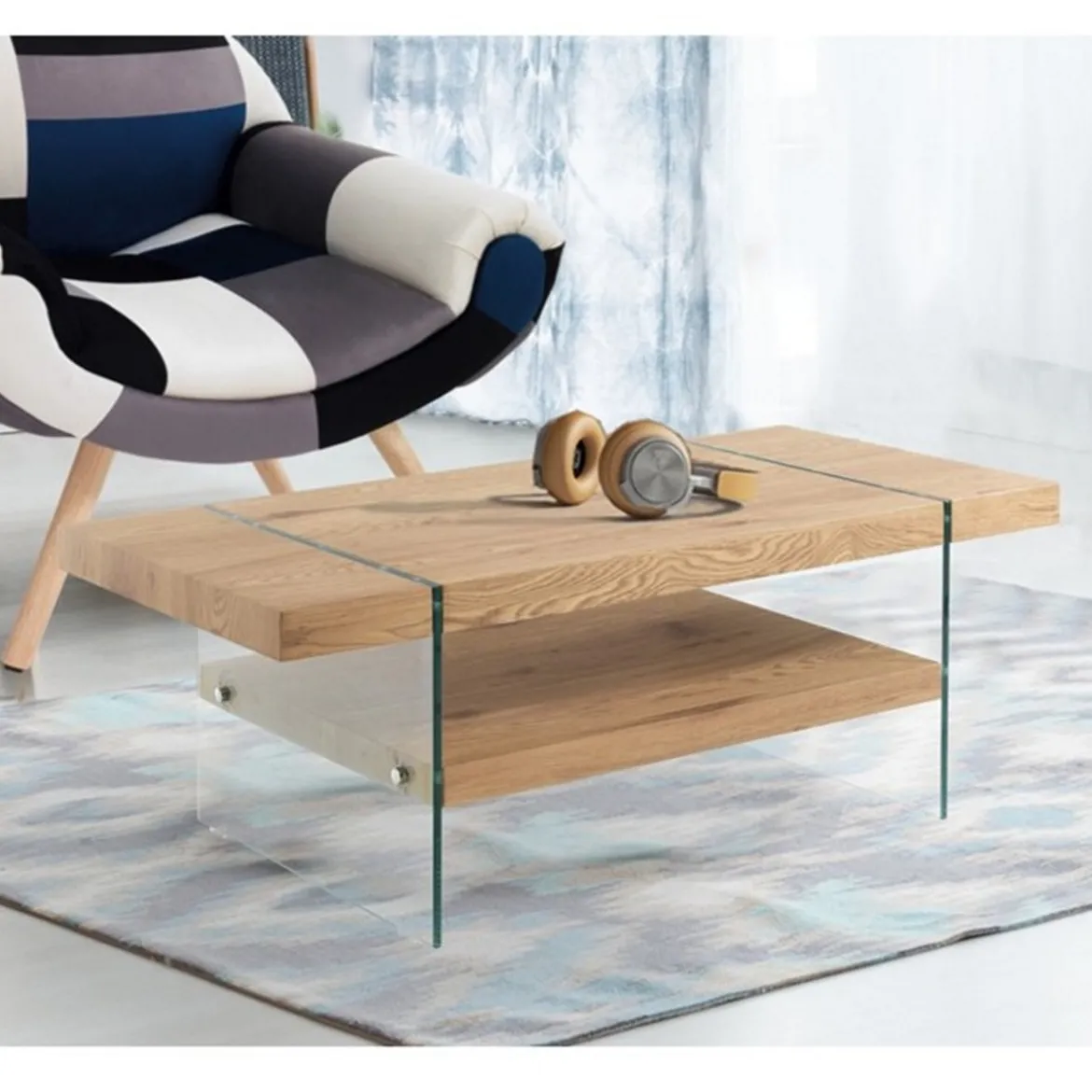 Ciaky tavolino in mdf finitura rovere e vetro 120x60 h45 cm