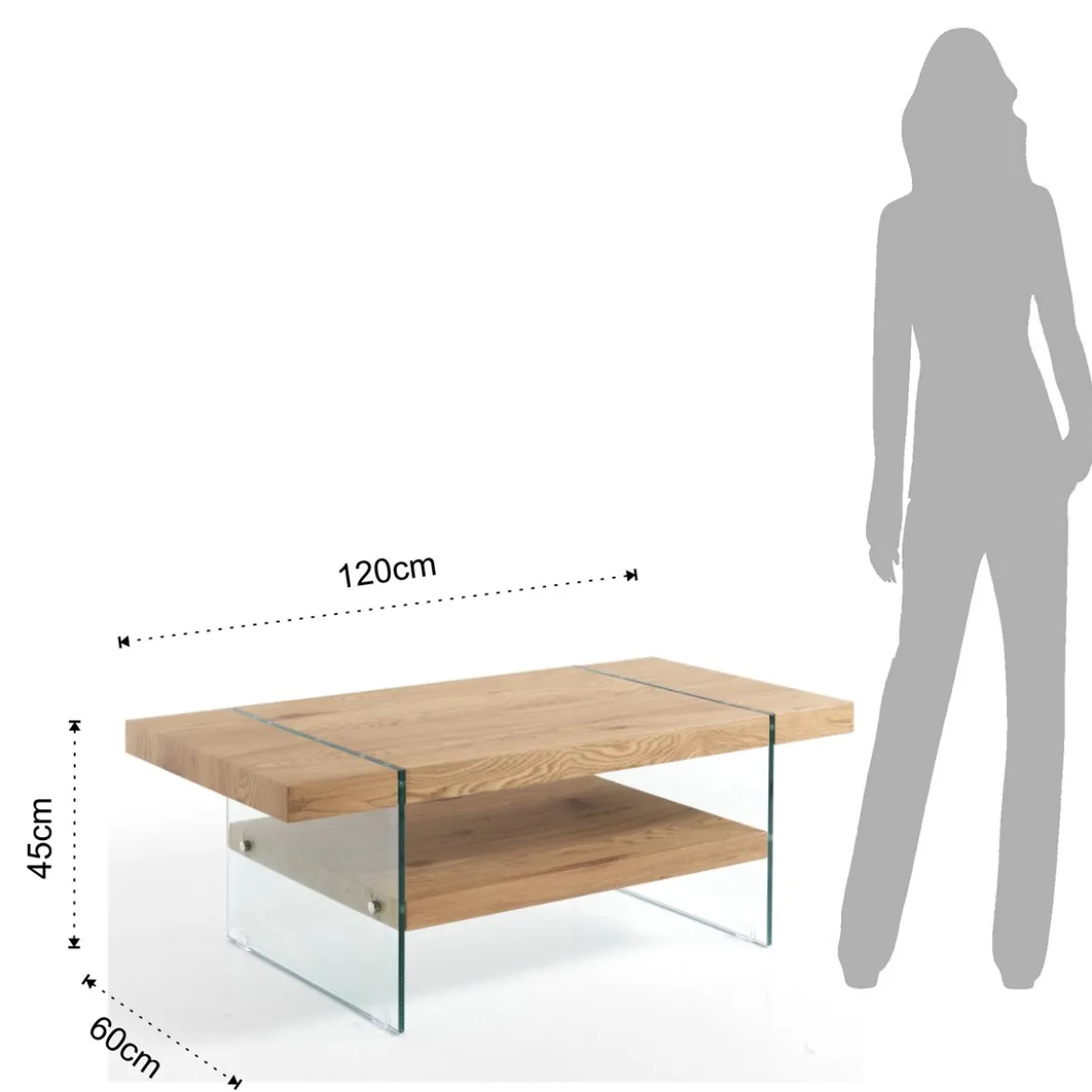 Ciaky tavolino in mdf finitura rovere e vetro 120x60 h45 cm