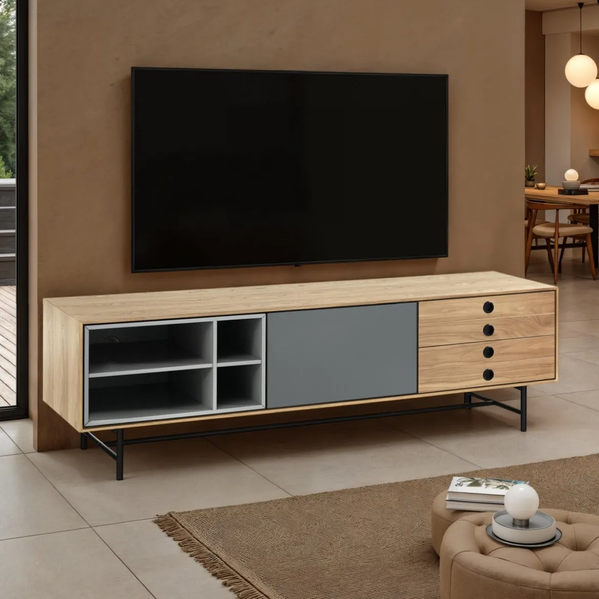 Clew madia porta tv impiallacciata finitura rovere anta laccata grigio scuro opaco l170 p40 h51 cm