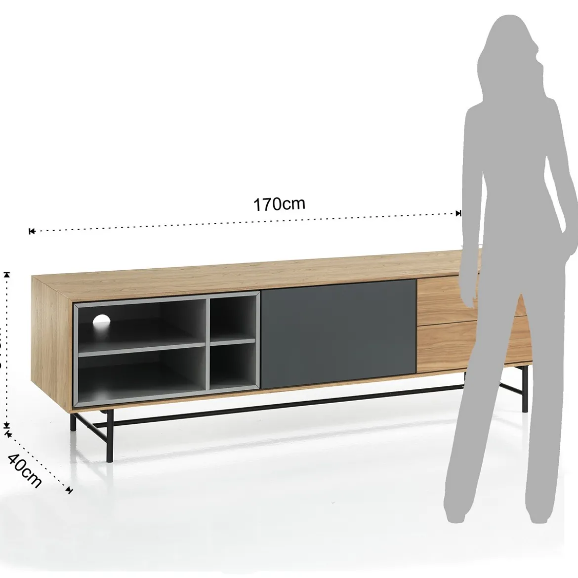 Clew madia porta tv impiallacciata finitura rovere anta laccata grigio scuro opaco l170 p40 h51 cm