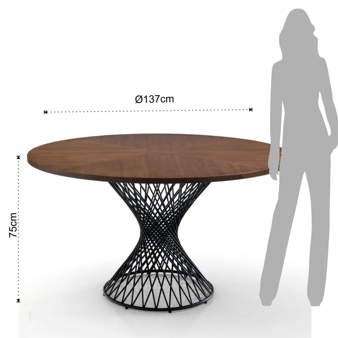 Clew Tavolo Rotondo in legno finitura Noce scuro e base in metallo nero opaco diametro 137 cm