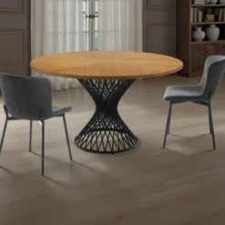 Clew Tavolo Rotondo in Legno impiallacciato finitura Rovere e base in Metallo Nero opaco, diametro 137 cm
