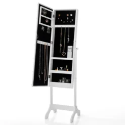Coffer lux specchiera da terra con contenitore e luci led laccata bianco opaco 38x40 h155 cm