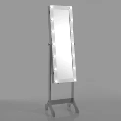 Coffer lux specchiera da terra con contenitore e luci led laccata bianco opaco 38x40 h155 cm