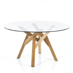 Cork Tavolo Rotondo in Vetro temprato Trasparente con base in legno massello finitura rovere diametro 137 cm