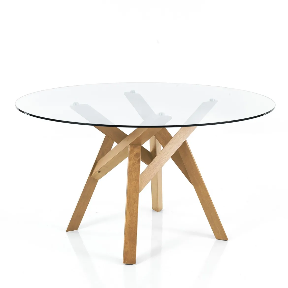 Cork Tavolo Rotondo in Vetro temprato Trasparente con base in legno massello finitura rovere diametro 137 cm