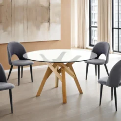 Cork Tavolo Rotondo in Vetro temprato Trasparente con base in legno massello finitura rovere diametro 137 cm