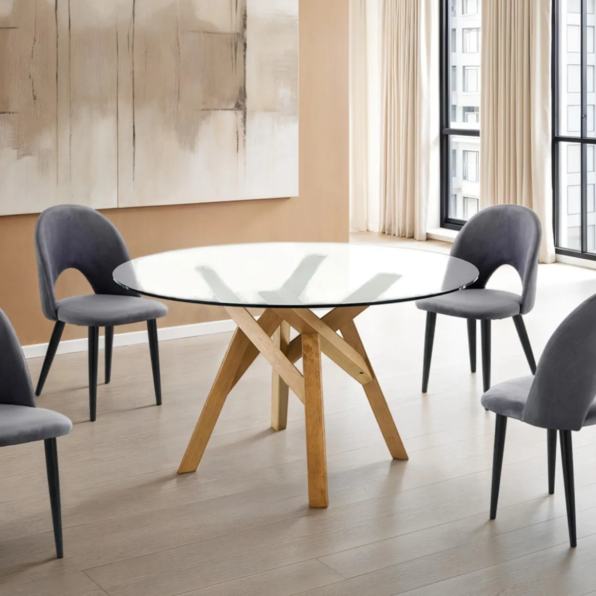 Cork Tavolo Rotondo in Vetro temprato Trasparente con base in legno massello finitura rovere diametro 137 cm