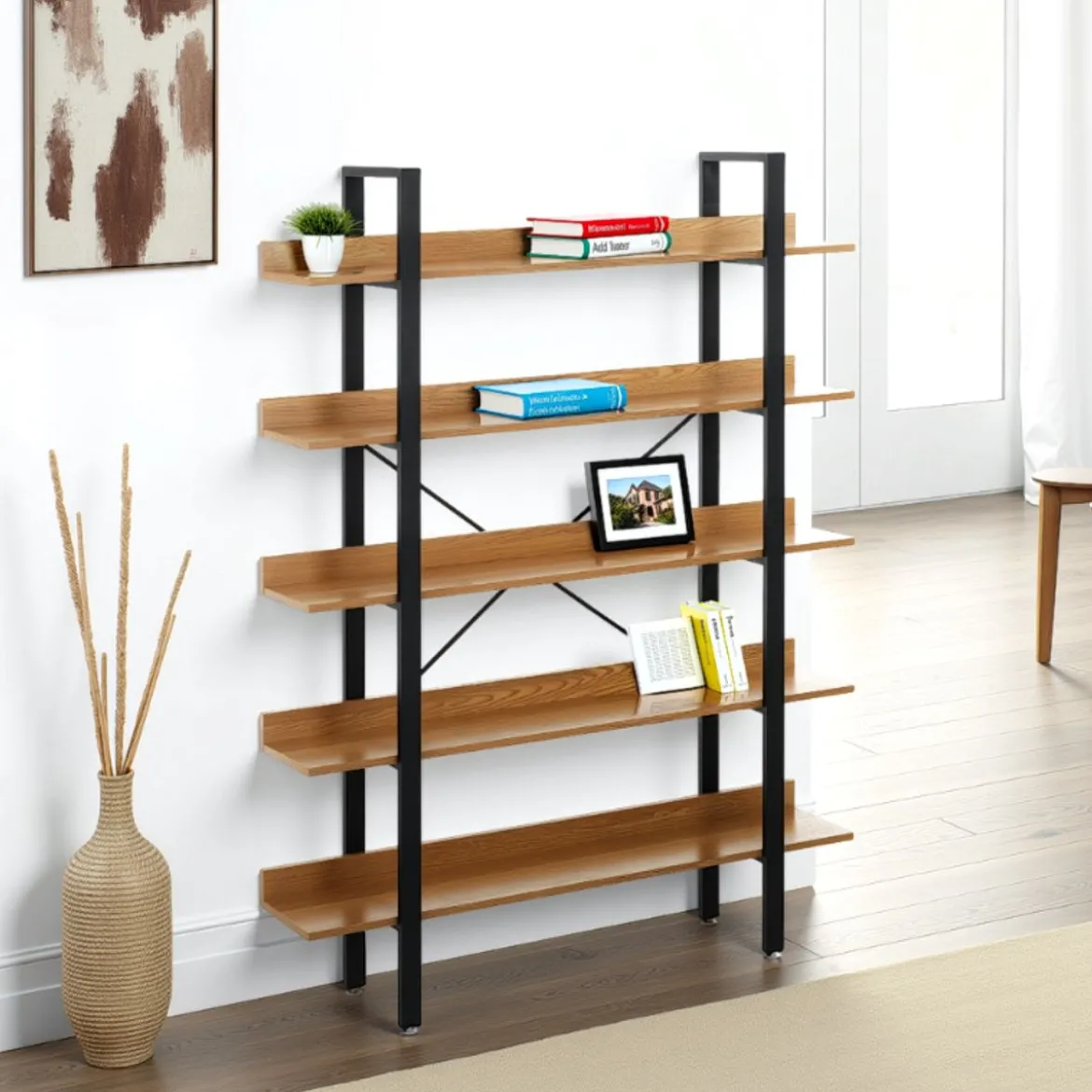 Cukin 5 evo libreria acciaio nero opaco 5 ripiani finitura faggio h171 l120 p28