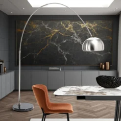 Demo lampada da terra ad arco in metallo satinato base in marmo nero h220x190 cm