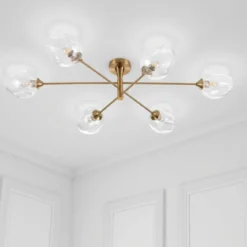 Devon c lampadario in acciaio nero e oro opaco 6 sfere vetro trasparente d114xh28 cm
