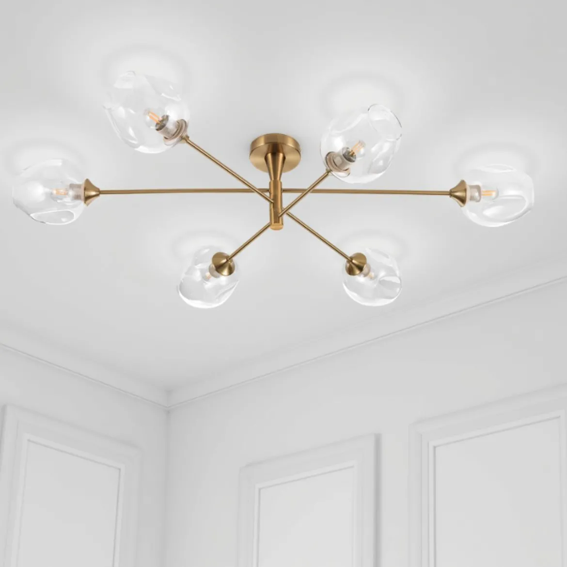 Devon c lampadario in acciaio nero e oro opaco 6 sfere vetro trasparente d114xh28 cm