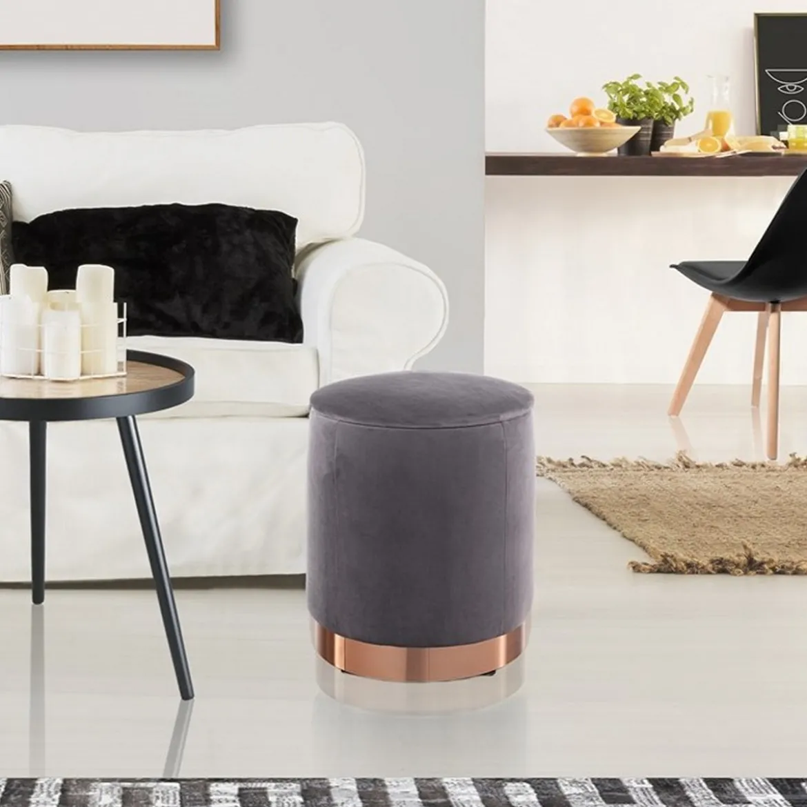 Dido grey pouf imbottito contenitore in microfibra effetto velluto grigio e metallo rose gold d31xh38 cm