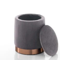 Dido grey pouf imbottito contenitore in microfibra effetto velluto grigio e metallo rose gold d31xh38 cm