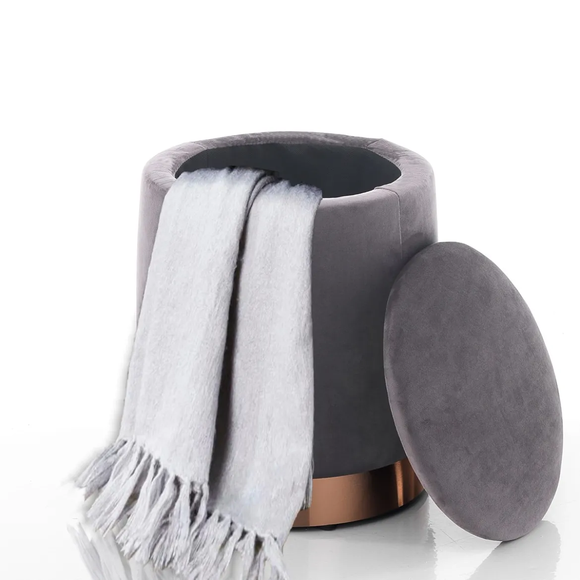 Dido grey pouf imbottito contenitore in microfibra effetto velluto grigio e metallo rose gold d31xh38 cm