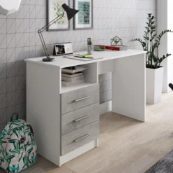 Dink Scrivania 3 Cassetti finitura Larice Bianco e Grigio Cemento, 120 x 48 x h 75 cm