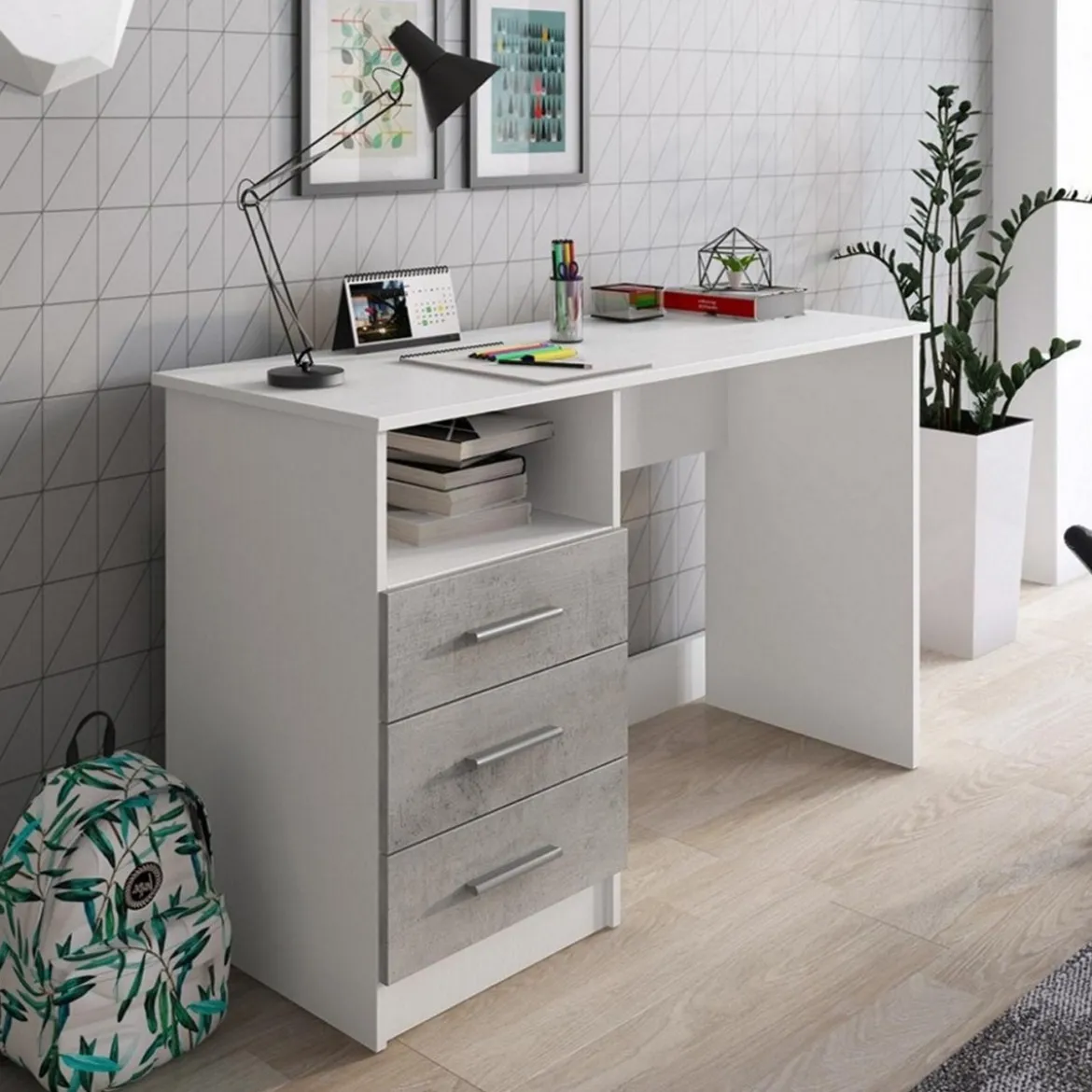 Dink Scrivania 3 Cassetti finitura Larice Bianco e Grigio Cemento, 120 x 48 x h 75 cm