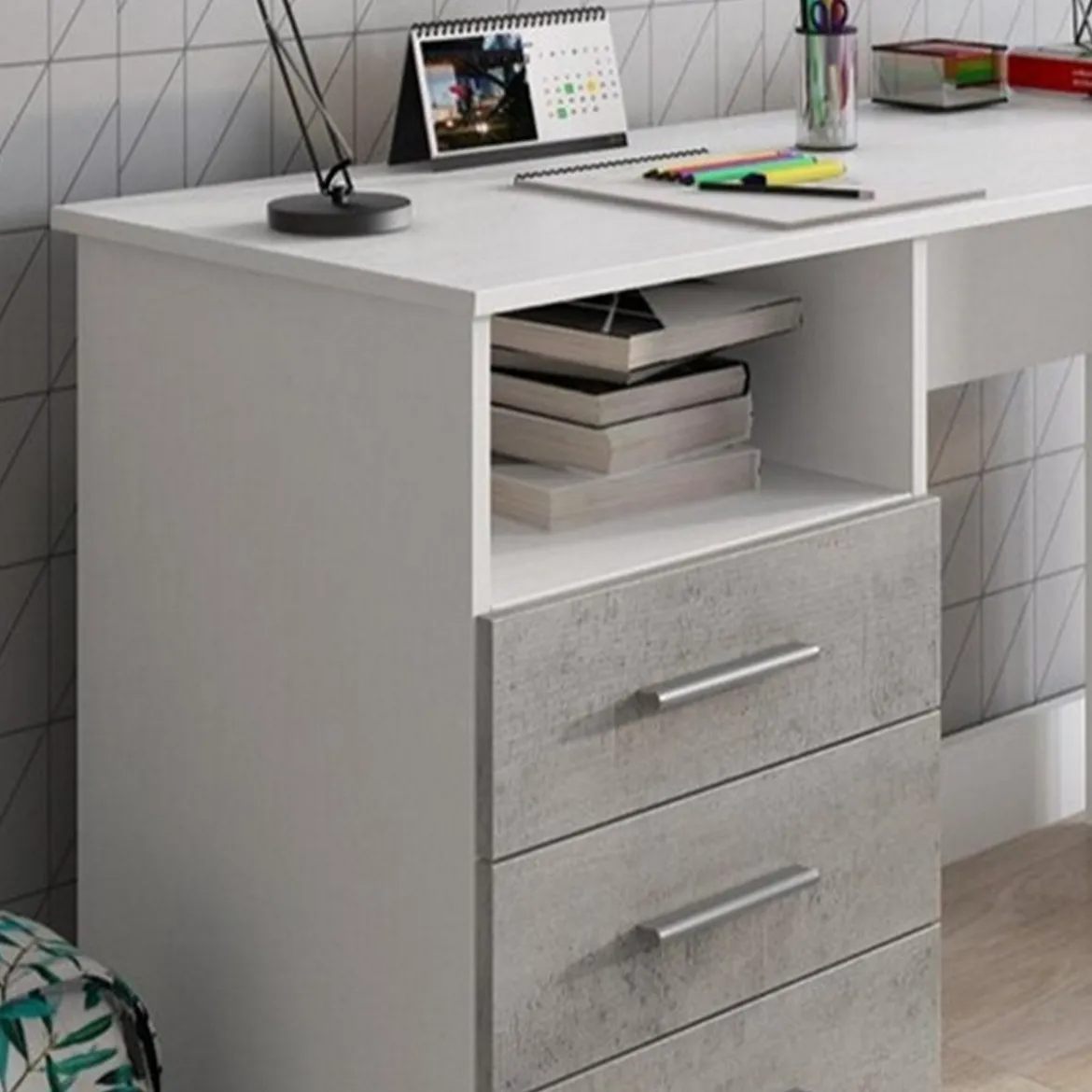 Dink Scrivania 3 Cassetti finitura Larice Bianco e Grigio Cemento, 120 x 48 x h 75 cm