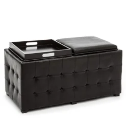 Dizzy black doppio pouf contenitore poggiapiedi in pelle sintetica nero coperchio vassoio in legno 90x46xh45 cm