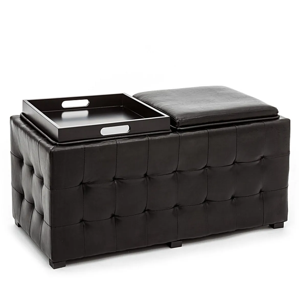 Dizzy black doppio pouf contenitore poggiapiedi in pelle sintetica nero coperchio vassoio in legno 90x46xh45 cm