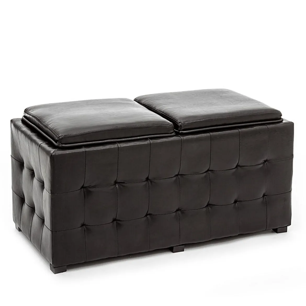 Dizzy black doppio pouf contenitore poggiapiedi in pelle sintetica nero coperchio vassoio in legno 90x46xh45 cm