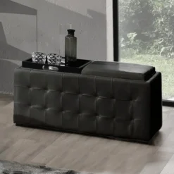 Dizzy black doppio pouf contenitore poggiapiedi in pelle sintetica nero coperchio vassoio in legno 90x46xh45 cm