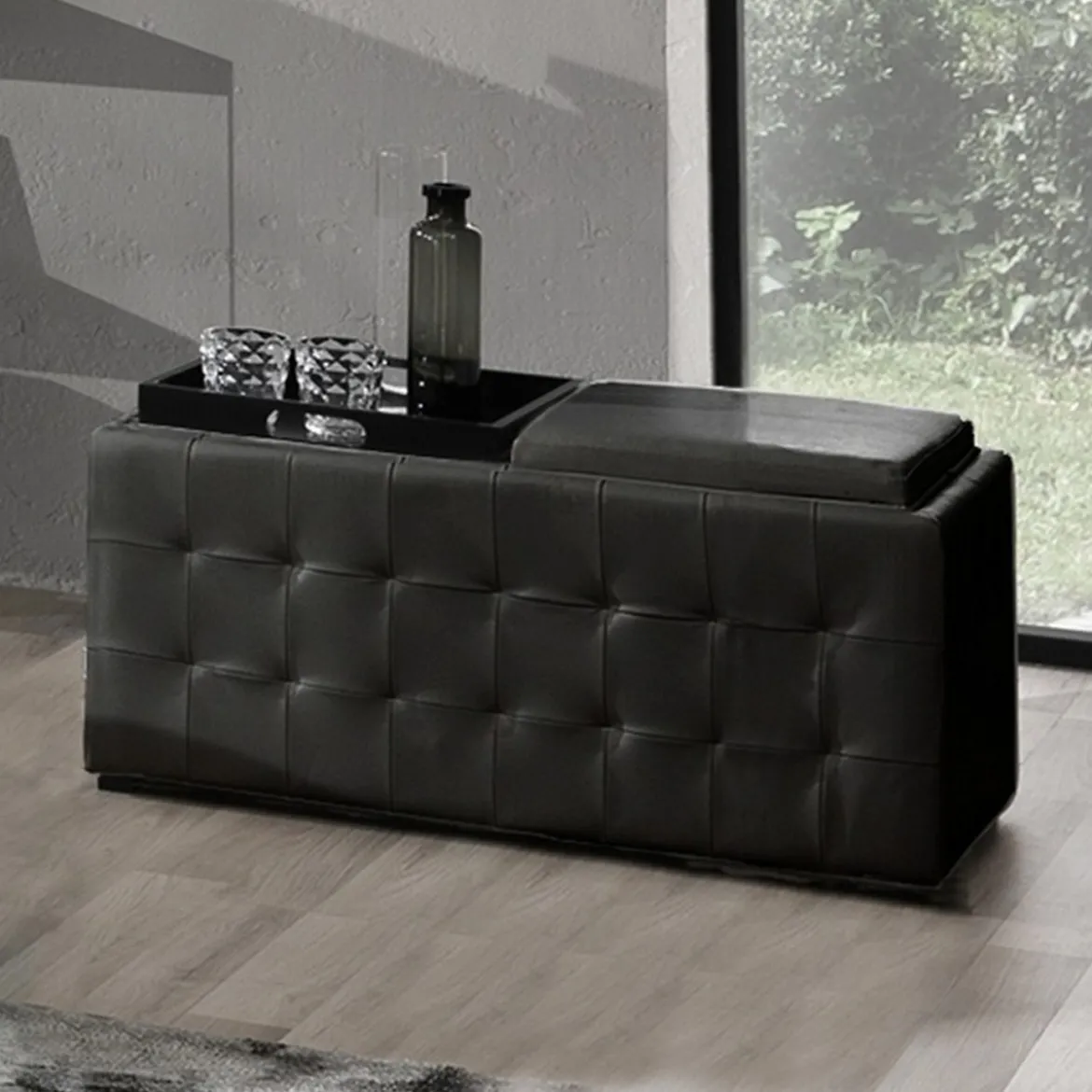 Dizzy black doppio pouf contenitore poggiapiedi in pelle sintetica nero coperchio vassoio in legno 90x46xh45 cm