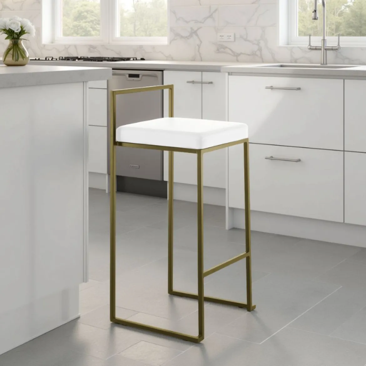 Dodo gold sgabello pelle sintetica bianca struttura metallo colore oro opaco cm.h88 l41 p41