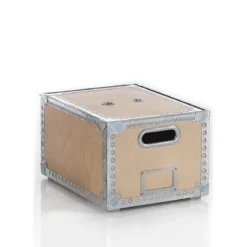 Dora set 3 bauli legno wood porta oggetti in compensato di abete e acciaio zincato con vano etichetta