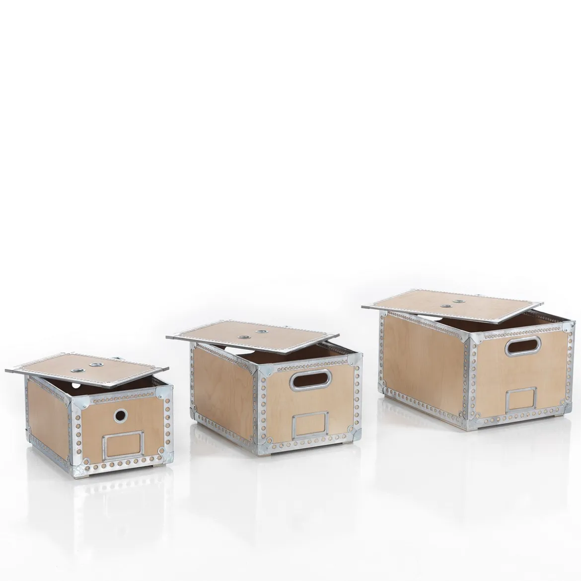 Dora set 3 bauli legno wood porta oggetti in compensato di abete e acciaio zincato con vano etichetta