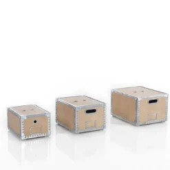 Dora set 3 bauli legno wood porta oggetti in compensato di abete e acciaio zincato con vano etichetta