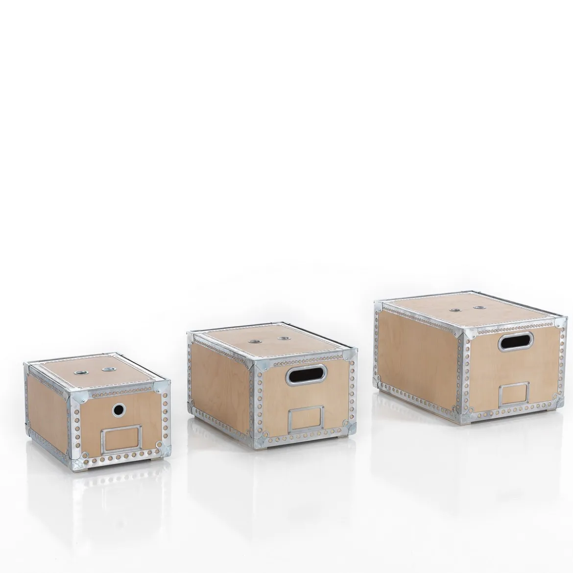 Dora set 3 bauli legno wood porta oggetti in compensato di abete e acciaio zincato con vano etichetta